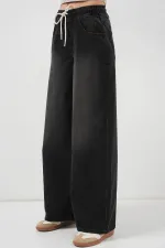 Kadın Bol Paça Kot Pantolon 6705 - Siyah