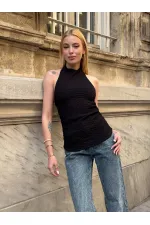 Kadın Siyah Boyundan Bağlamalı Gofre Kumaş Bluz HZL25S-ZK13631