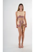 Kadın Sarı Etnik Desenli Beli Kuşaklı Bluz Şort İkili Takım HZL24S-YY261