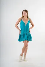 Kadın Turkuaz V Yaka İp Askılı Eteği Pileli Güpür Detaylı Elbise HZL24S-YY244