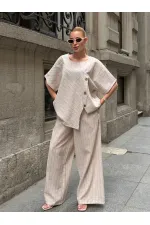 Kadın Krem Çizgili Düğme Detaylı Bluz Pantolon Keten İkili Takım HZL26S-VL14271 Kadın Krem Çizgili Düğme Detaylı Bluz Pantolon Keten İkili Takım HZL26S-VL14271