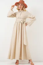 Robe en lin beige à nouer sur le devant pour femme 2574