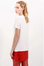 Kadın Ekru V Yaka Hafif Oversize T-shirt HZL24S-BD143151