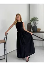 Kadın Siyah Bisiklet Yaka Üstü Esnek Viskon Alt Geniş Poplin Dokuma Kolsuz Elbise HZL26W-DSB1221