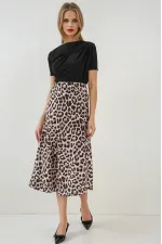 Kadın Vizon Leopar Desenli Saten Yüzeyli Beli Lastikli Midi Boy Etek Hzl23S-BD1101471