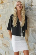 Veste Ayrobin en lin noir à manches courtes et col châle pour femme, boutonnée, HZL24S-BD107061