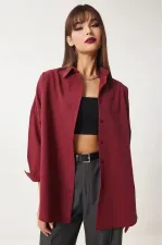 Kadın Bordo Geniş Kalıp Uzun Basic Gömlek HZL24W-BD139001