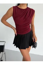 Kadın Bordo Büzgülü Kolsuz Sandy Bluz HZL26W-FRY122751