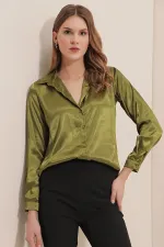 3964 Lightly Draped Satin Shirt - Light Khaki