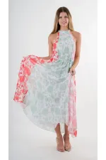 Kadın Kırmızı Yeşil Bloklu Yaprak Desenli Halter Yaka Kuşaklı Astarlı Uzun Elbise HZL24S-YY233