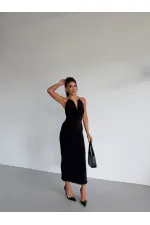 Women's Black Sandy Midi Dress with Neck Accessory and Side Slit HZL26S-FRY123841