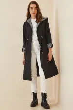 Kadın Siyah Beli Büzgülü Kapşonlu Uzun Trençkot HZL22W-BD190911