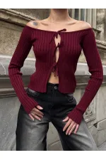 Kadın Bordo Önden Bağlamalı Madonna Yaka Crop Bluz HZL25W-ZK10331