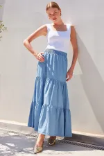 Jupe longue en jean à volants 8022 - Bleue