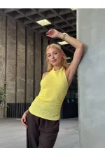 Kadın Sarı Boyundan Bağlamalı Gofre Kumaş Bluz HZL25S-ZK13631