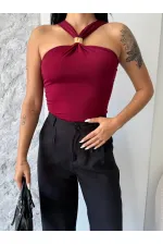 Kadın Bordo Halter Yaka Metal Detaylı Şık Crop Bluz HZL25S-FRY123251