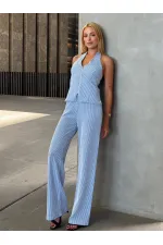 Kadın Mavi Çizgili Önü Fermuarlı Bluz Pantolon İkili Takım HZL25S-ZK13691