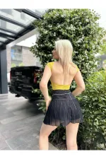 Kadın Fıstık Yeşili Sırt Dekolteli Kısa Kollu Bluz HZL24S-ZK10831