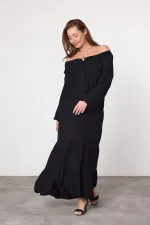 Kadın Siyah Madonna Yaka Kolu Lastikli Uzun Viskon Elbise HZL25S-VM10331