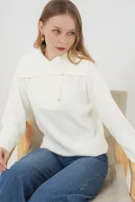 15921 Geniş Yaka Triko Kazak - Ekru