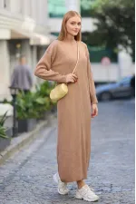 Robe longue en maille côtelée camel à col zippé pour femme HZL24W-BD1102271