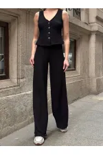 Kadın Siyah Beli Lastilkli Gofre Kumaş Pantolon HZL24S-ZK13261