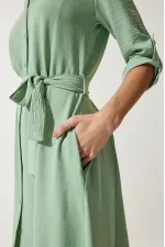 Kadın Çağla Yeşil Gizli Cepli Kuşaklı Viskon Gömlek Elbise HZL24S-BD124421