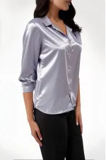 Kadın Gri Hafif Dökümlü Saten Yüzeyli Gömlek HZL22W-BD139641