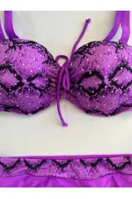 Kadın Lila Siyah Desenli Taş İşlemeli Toparlayıcı Bikini Takım HZL25S-LC3333