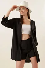 Kimono mi-long noir à manches brodées pour femme HZL22S-BD158771