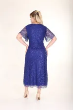 Kadın Saks Mavi Büyük Beden Kruvaze Yaka Payetli Abiye Elbise HZL26S-PR11171