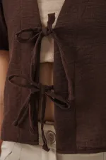 Kadın Kısa Kol Crop Bluz 958 - Kahverengi