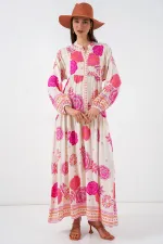 Kadın Desenli Uzun Tesettür Elbise 2585 - L. Fuşya