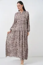 Kadın Desenli Uzun Tesettür Elbise 2585 - E. Kahve