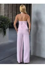 Kadın Pembe Çizgili Önü Fermuarlı Bluz Pantolon İkili Takım HZL25S-ZK13691
