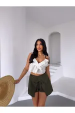 Kadın Haki Bağlama Detay Müslin Şort HZL25S-DSB2323