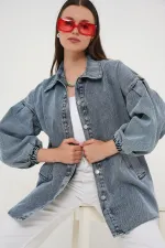 0662 Denim Balon Kollu Kot Ceket - Mavi