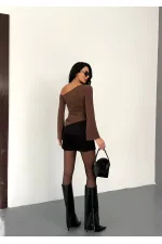 Kadın Kahve Asimetrik Kesim İspanyol Kol Beli Büzgülü Sandy Bluz HZL25W-FRY123591