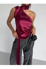 Women's Burgundy Satin Shawl Collar Asymmetrical Blouse with Tie Neckline HZL26W-FRY123731