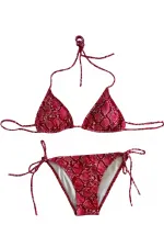 Kadın Kırmızı Yılan Derisi Desen Boyundan İp Bağlamalı Üçgen Bikini Takımı HZL25S-LC5005