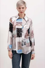 Kadın Açık Bej Desenli Hafif Dökümlü Saten Yüzeyli Gömlek HZL24S-BD1202441