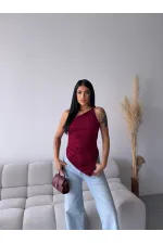 Kadın Bordo Tek Omuz Asimetrik Kesim Sandy Bluz HZL25S-FRY123241