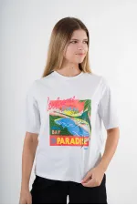 Kadın Beyaz Paradise Baskılı Bisiklet Yaka T-Shirt HZL24S-YY302