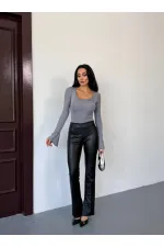 Kadın Gri Uzun Kollu Arkası Bağlamalı Fit Kesim Crop Bluz HZL25W-FRY122771