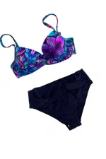 Women's Navy Blue Fuchsia Floral Patterned Lined Plus Size Bikini Set HZL25S-LC24108