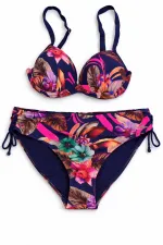 Women's Navy Blue Leaf Pattern Strappy High Waist Shaping Bikini Set HZL24S-LC22625