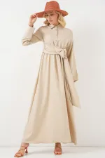 Robe en lin beige à nouer sur le devant pour femme 2574