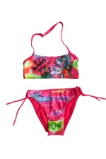 Kız Çocuk Neon Pembe Desenli  2-8 Yaş Straplez Bikini Takım HZL24S-LC3652