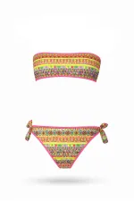 Girls' Salmon Neon Yellow Multicolored Lined Strapless Bikini Set for Ages 4-12 HZL24S-LC6355