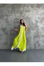 Kadın Fıstık Yeşili Beyaz Detaylı Asimetrik Kesim V Yaka İp Askılı Elbise HZL24S-MJ113041